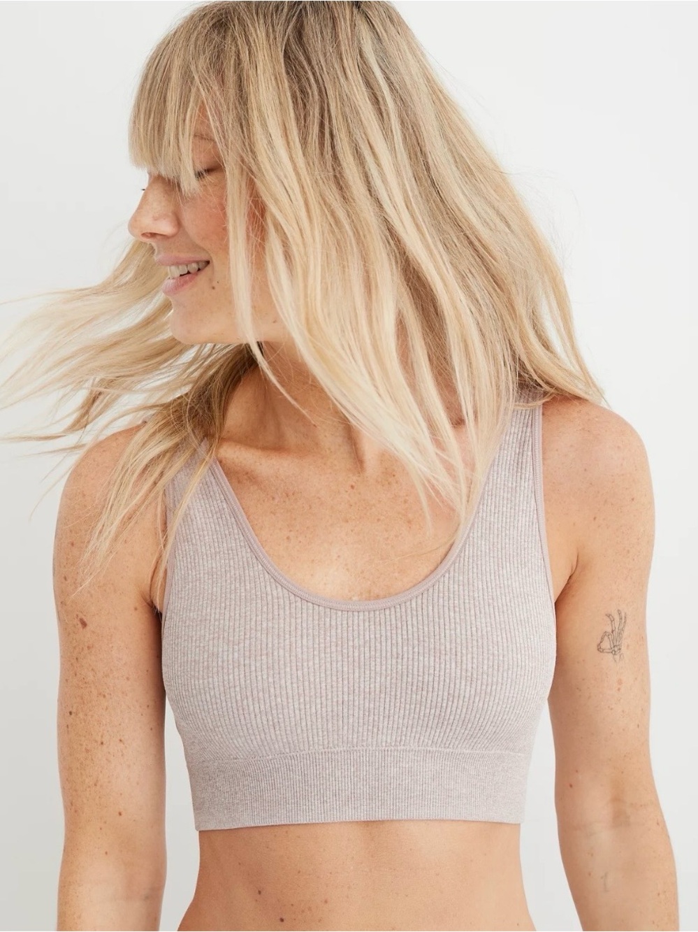 Aerie Seamless Padded Ribbed Scoop Front Sports Bralette - Taupe